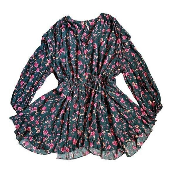 Free People Flower Fields Mini Dress Small Emerald Combo Fully Lined Loose Fit - Picture 1 of 16
